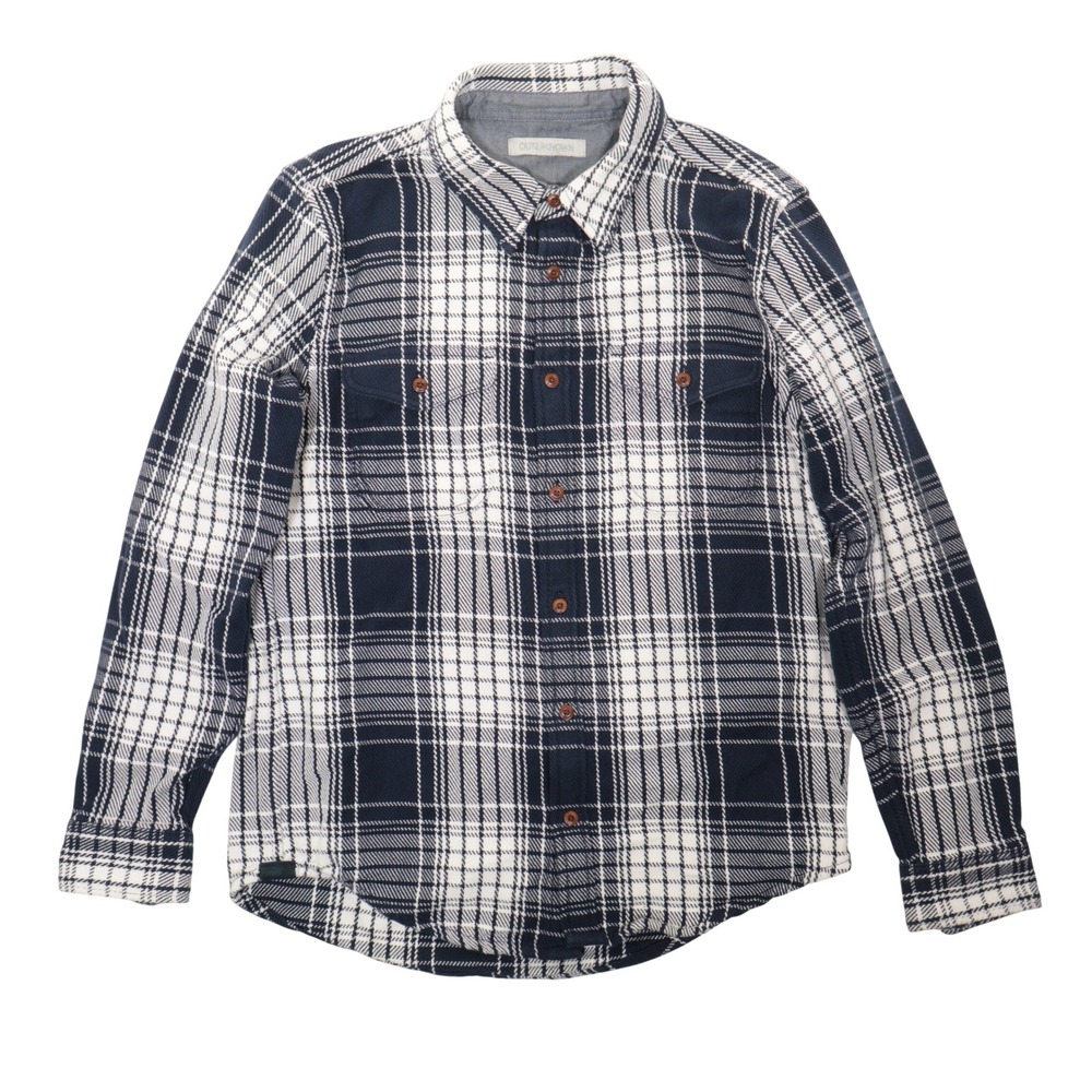 Outerknown Blanket Shirt Men L Navy White Plaid Organic Cotton Flannel Button Up